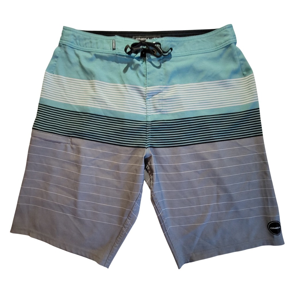 O'Neill Hyperfreak Board Shorts Mens 32 Teal Blue Grey Striped Stretch Trunks